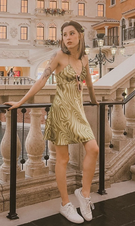 Chic Green Swirl Mini Dress + White Sneakers