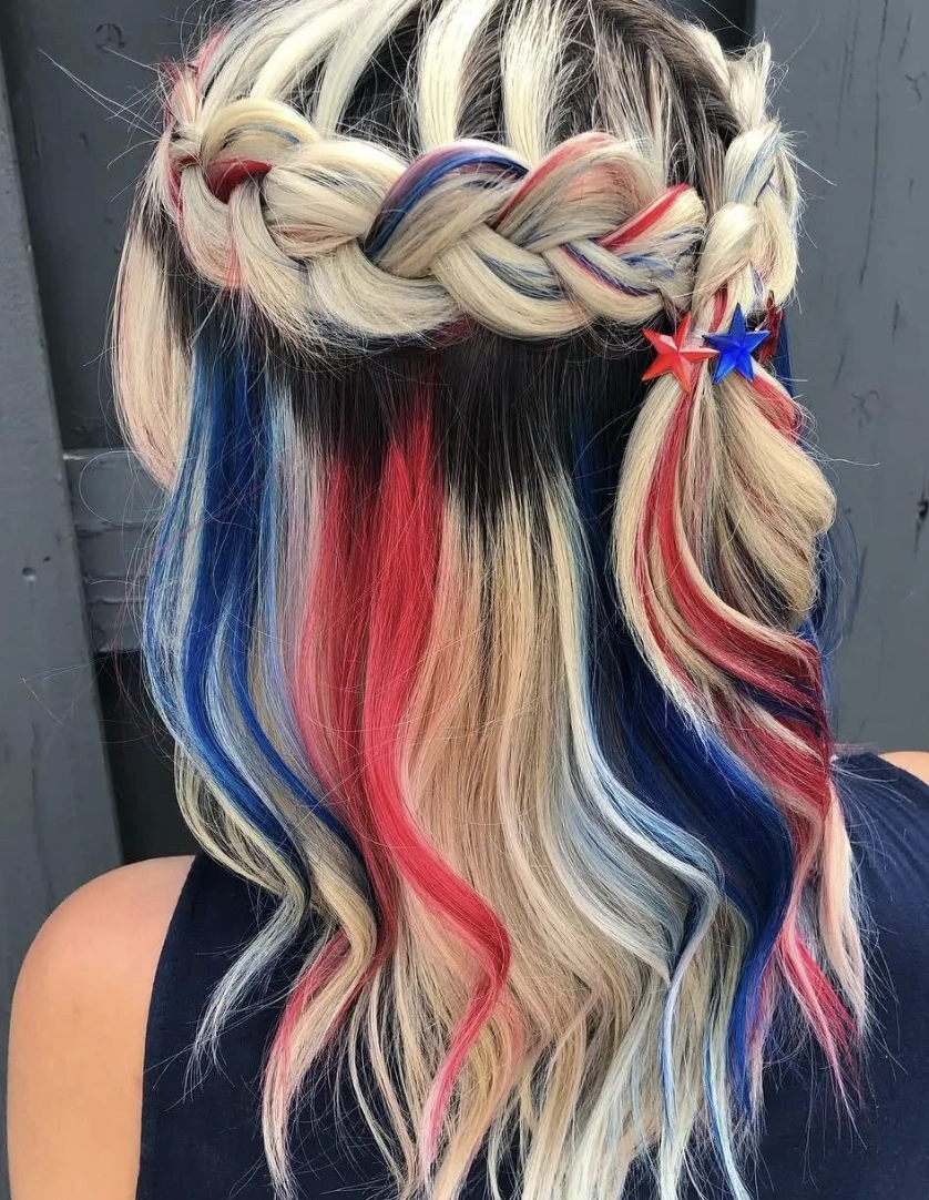 Chic Half-Up Braided Crown with Vibrant Red, White, and Blue Highlights