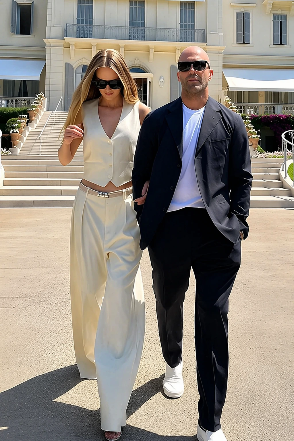 Chic Ivory Vest + Wide-Leg Trousers + Elegant Black Blazer + Classic White Sneakers