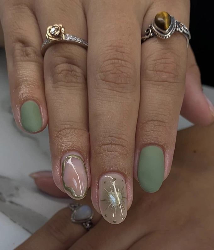 Chic Matte Short Gel Nails Fall with Soft Green, Blush Pink, and Elegant Gold Accents