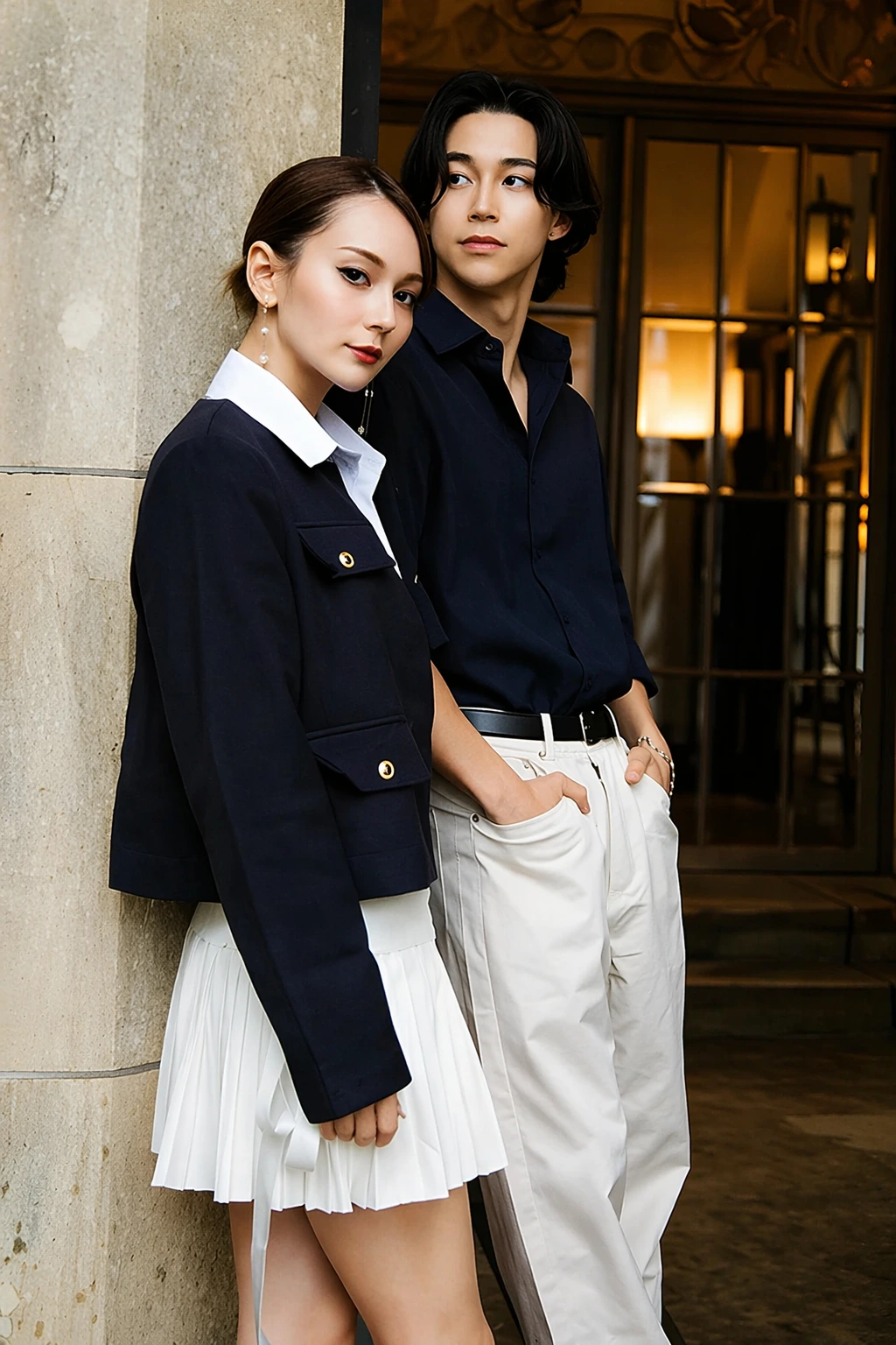 Chic Navy Blazer + Crisp White Button-Up Shirt + Pleated Mini Skirt + Tailored Beige Trousers
