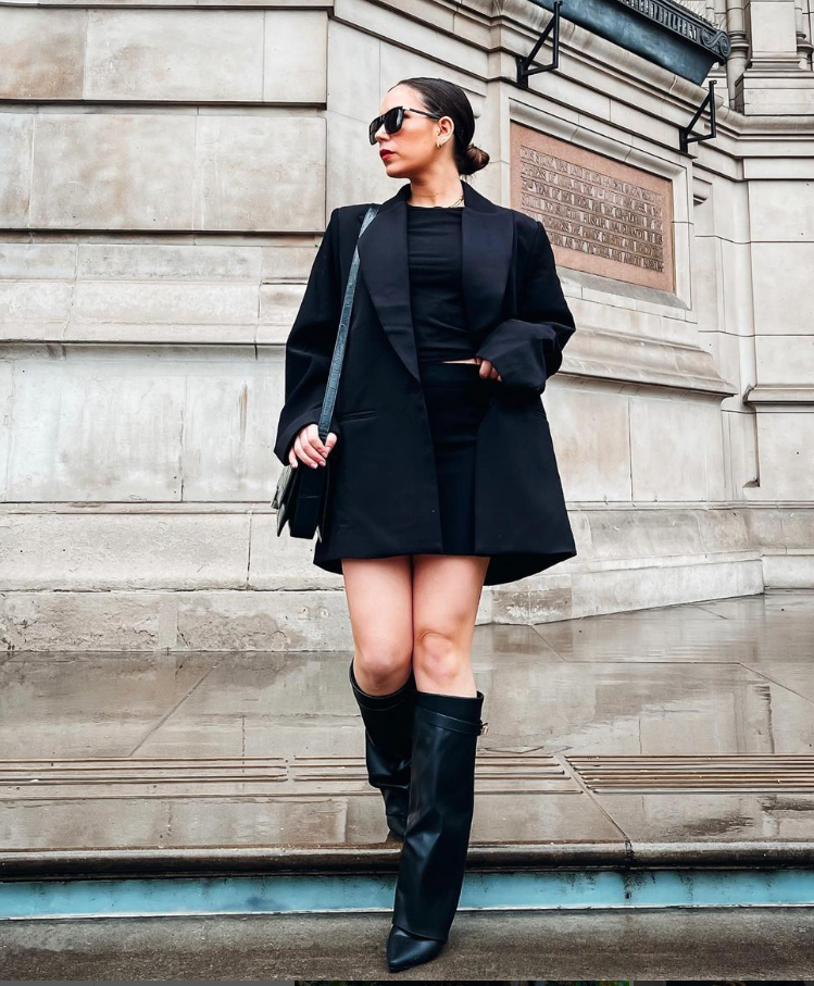 Chic Preppy Fusion: Crop Top + Black Jacket + Plaid Skirt