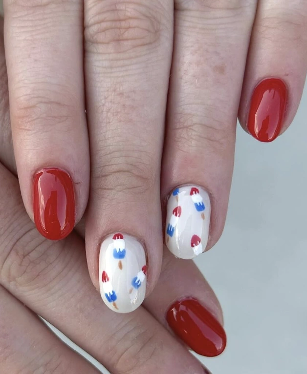Chic Red and White Short Nails with Playful Popsicle Designs