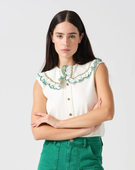 Chic Ruffled Button-Up Blouse + Vibrant Green High-Waisted Shorts