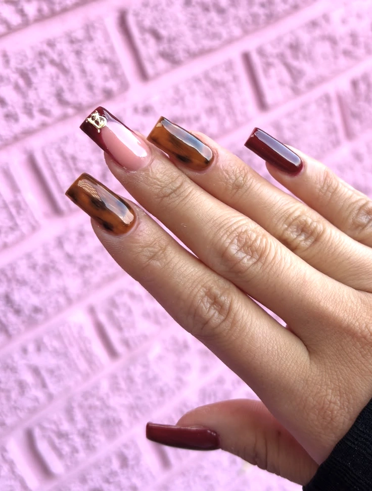 Chic Square Nails in Rich Burgundy and Warm Brown with Elegant Gold Detailing