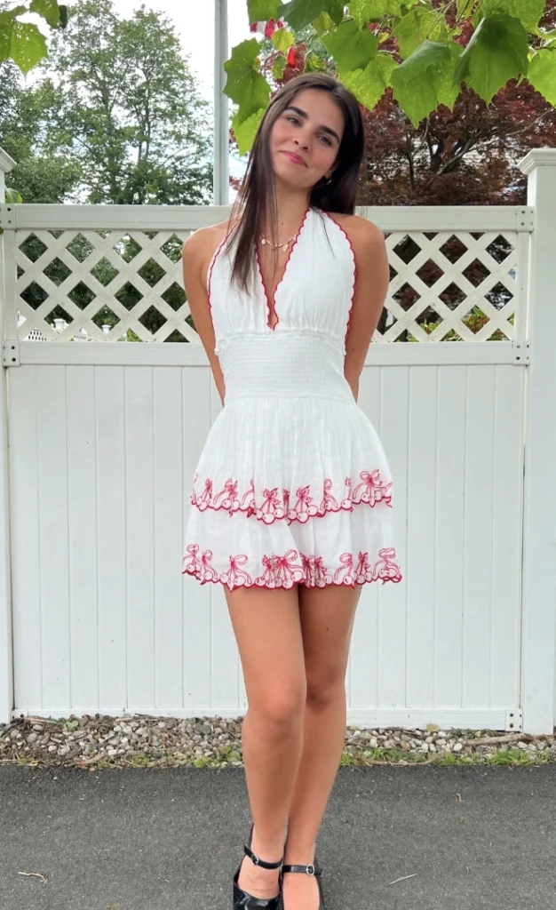 Chic White Halter Dress Red Embroidery + Classic Black Heels