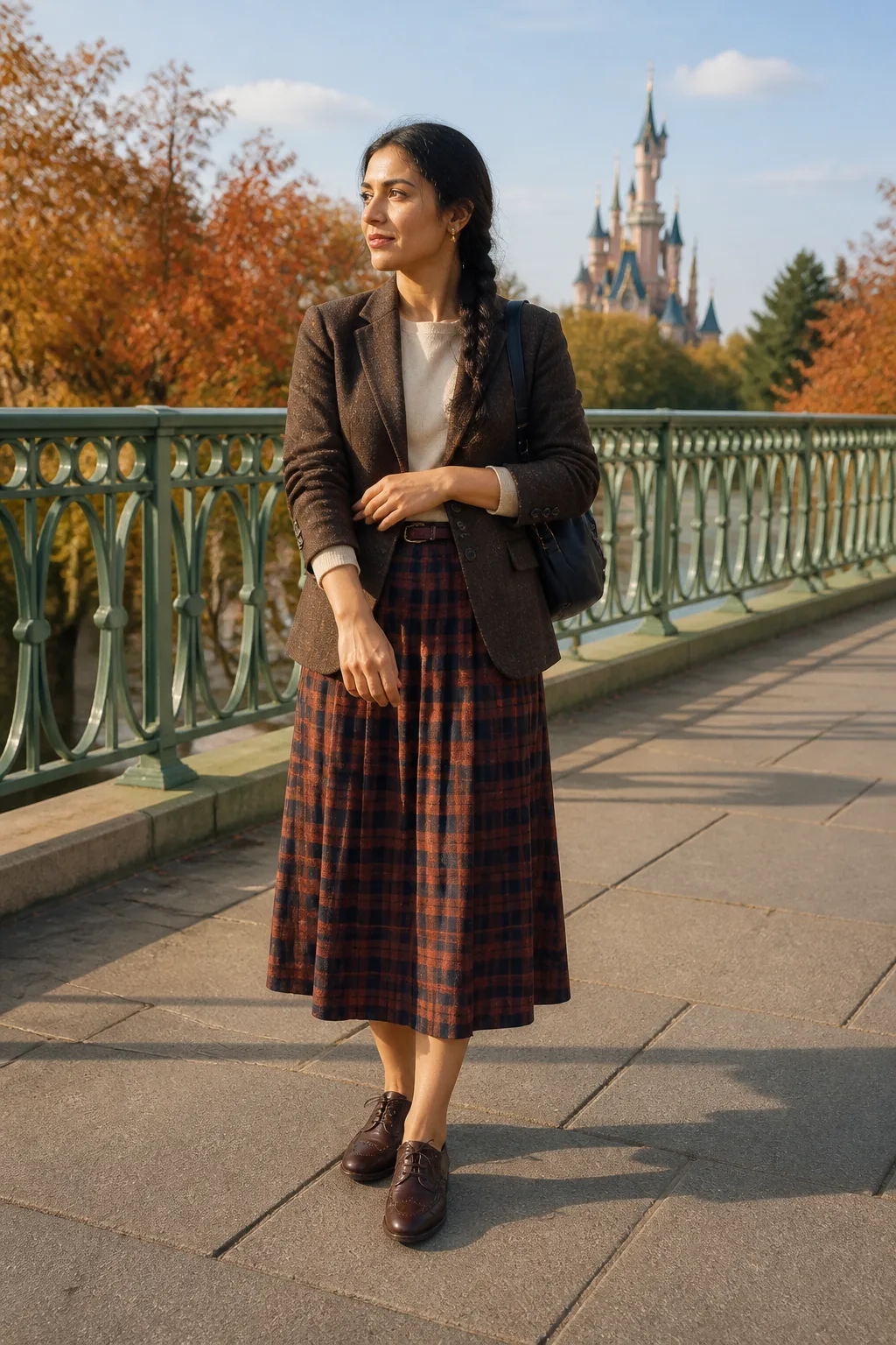 Chocolate Blazer, Cream Shell and Checked Midi Skirt