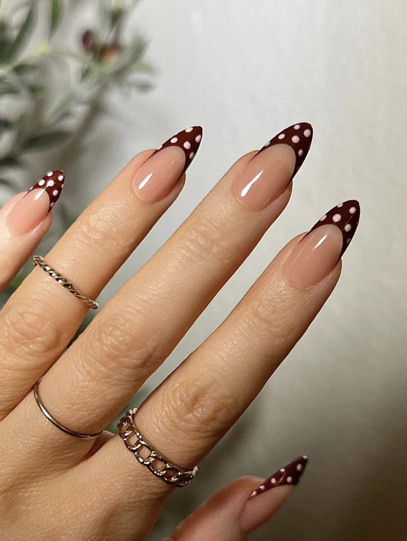 Chocolate Brown and White Dotted French Tip Almond Nails
