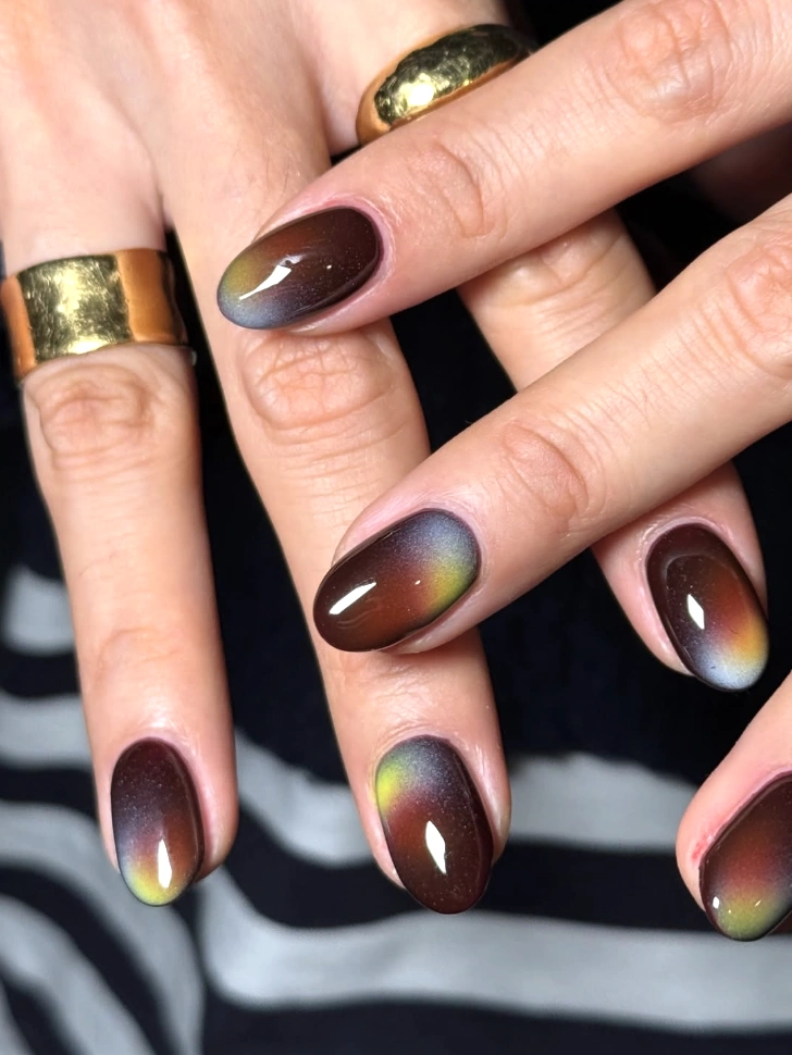 Chocolate Brown Oval Nails with Iridescent Gradient Tips