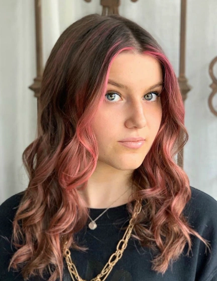 Chocolate Brown Waves with Face-Framing Dusty Rose Highlights