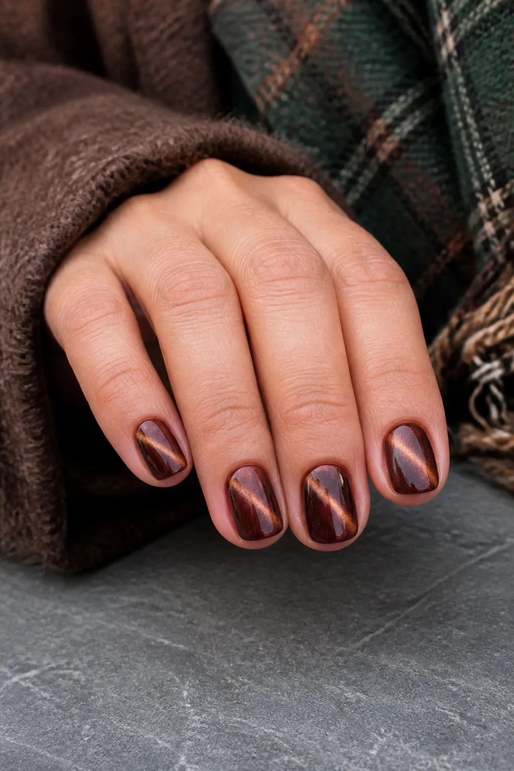Chocolate Coat and Plaid Scarf