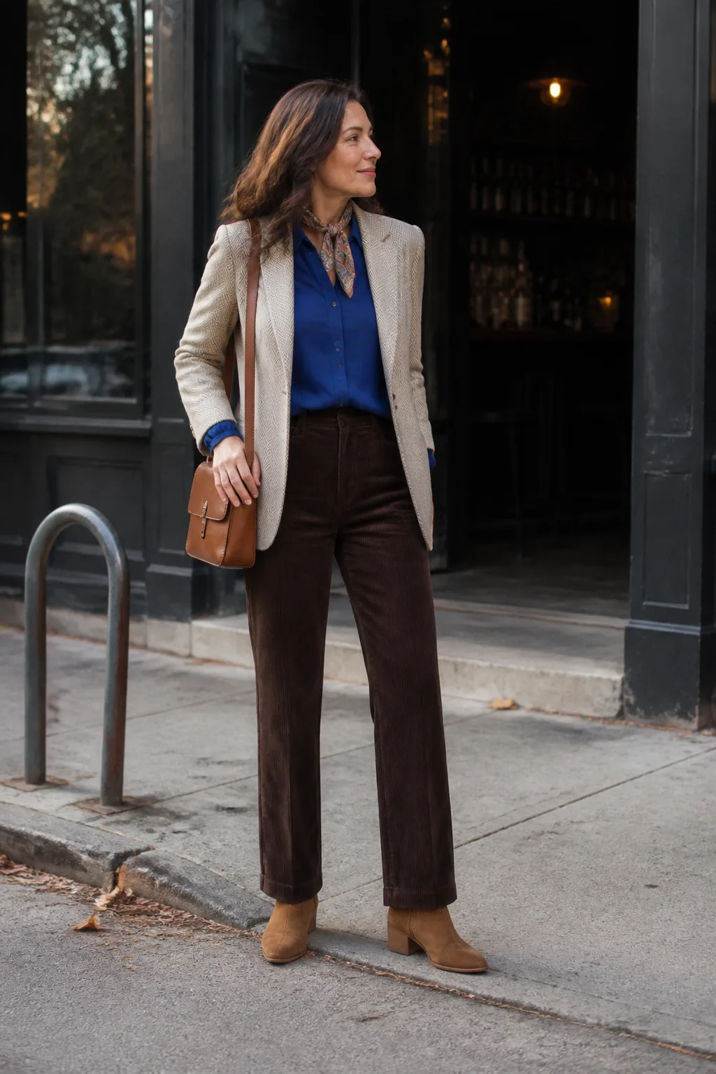 Chocolate Corduroy Trousers with Cobalt Blouse