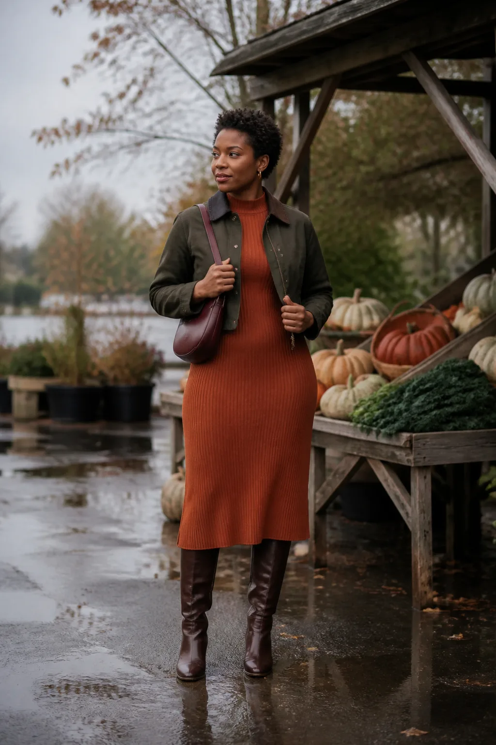 Chocolate Knee-High Boots with a Rust Midi Dress