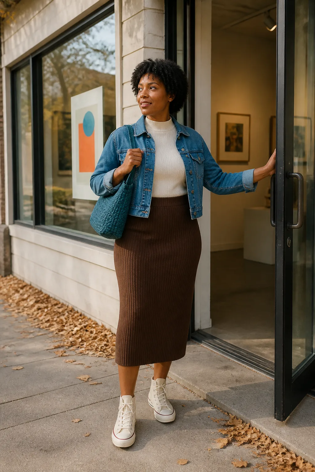 Chocolate Knit Midi Skirt, Denim Jacket, and Canvas Sneakers