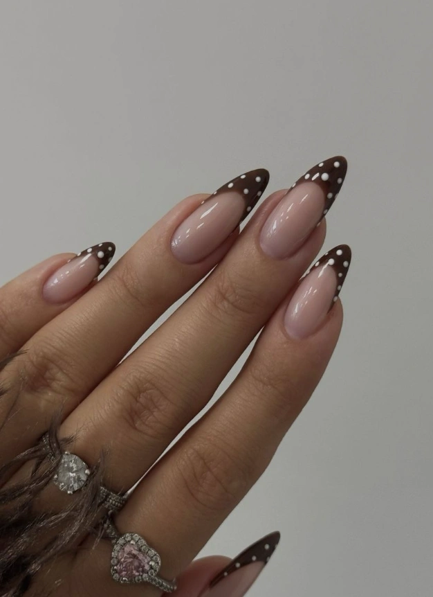 Chocolate Tip Almond Nails with White Polka Dots