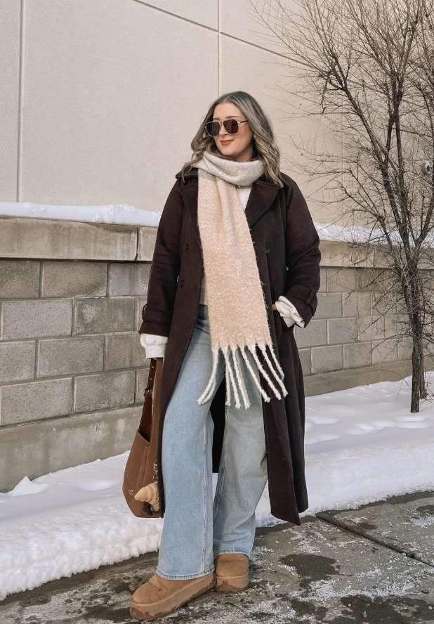 Chocolate Trench Coat + Fringed Scarf + Platform Uggs