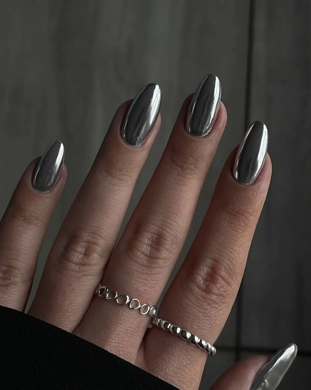 Chrome Silver Almond Nails