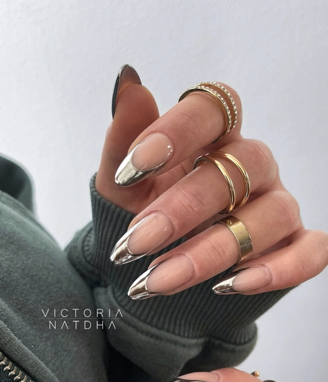 Chrome Tip Almond Nails with Stacked Gold Rings