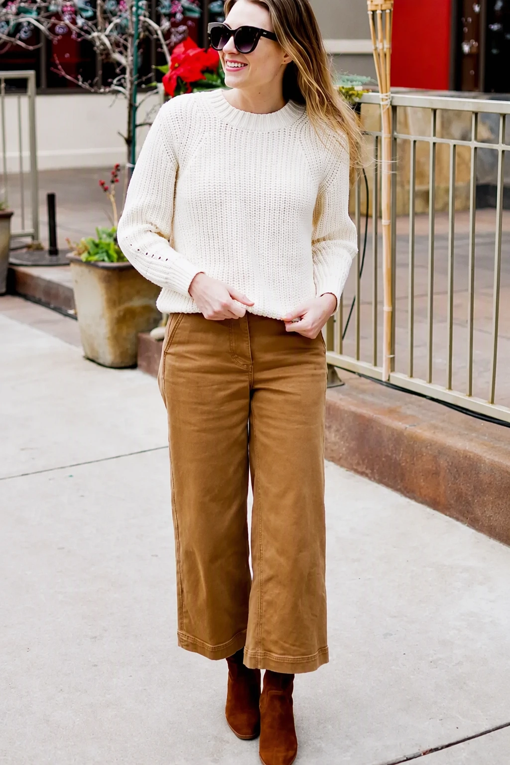 Chunky Knit Sweater + Wide-Leg Trousers + Ankle Boots