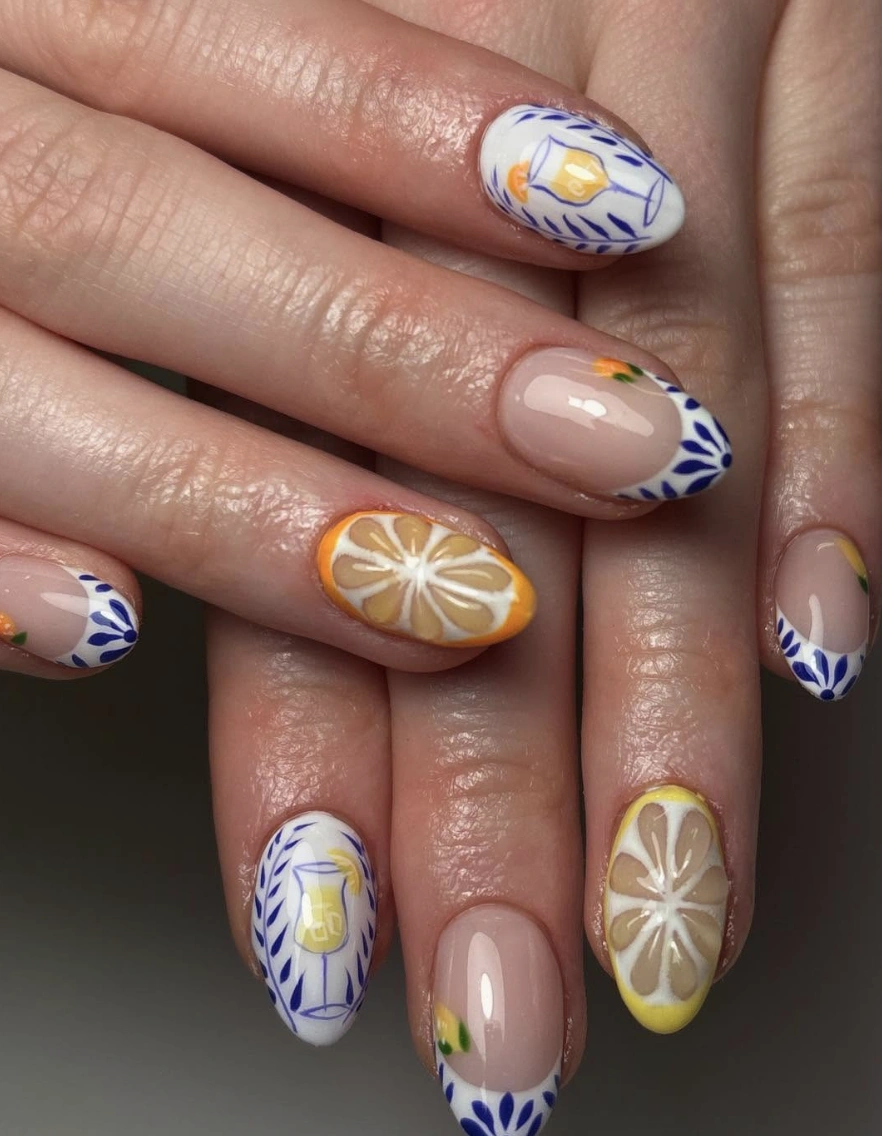 Citrus & Delft-Inspired Nail Art on Almond Shaped Nails