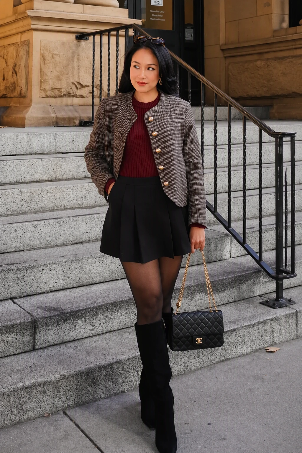 Classic Chic: Burgundy Sweater + Tweed Jacket + Mini Skirt