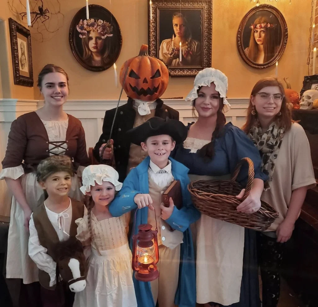 Classic Colonial Outfits + Pumpkin Head Costume + Lantern Accessory + Vintage Basket + Horse Plush Toy + Cozy Shawl