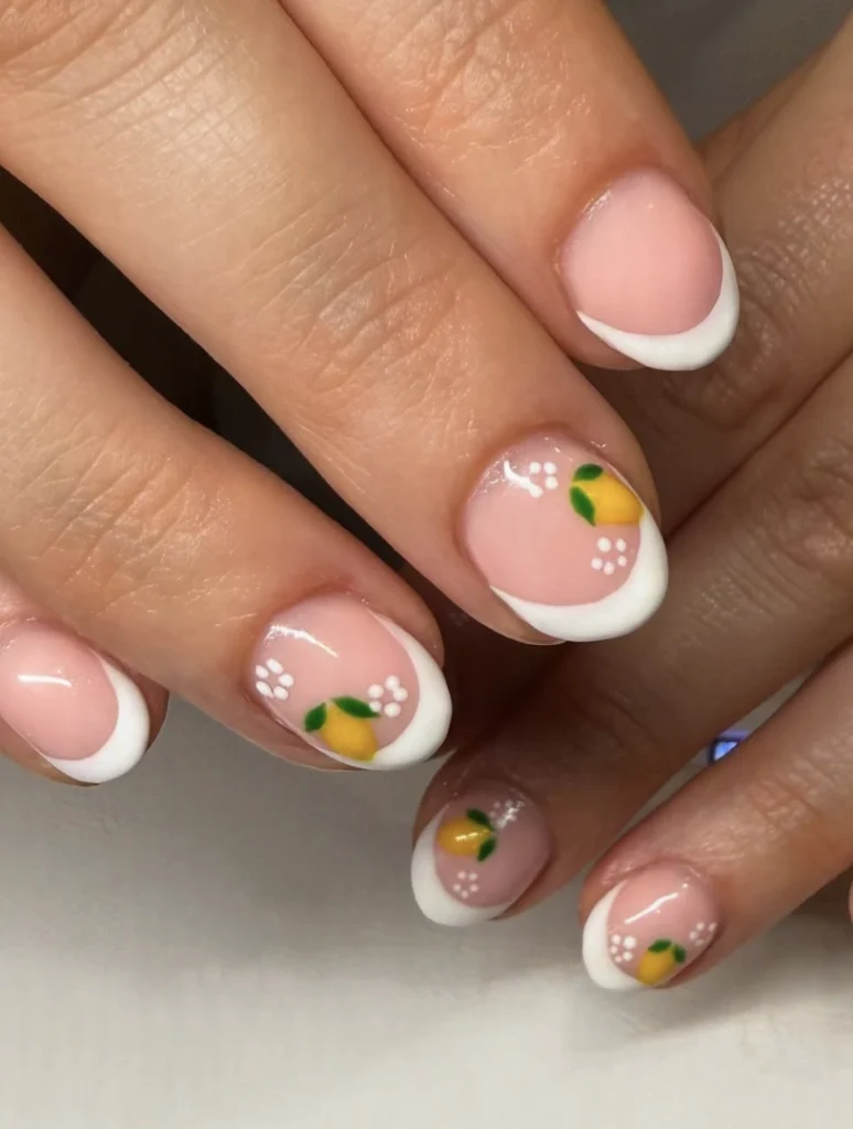 Classic French Manicure with Lemon and Floral Accent