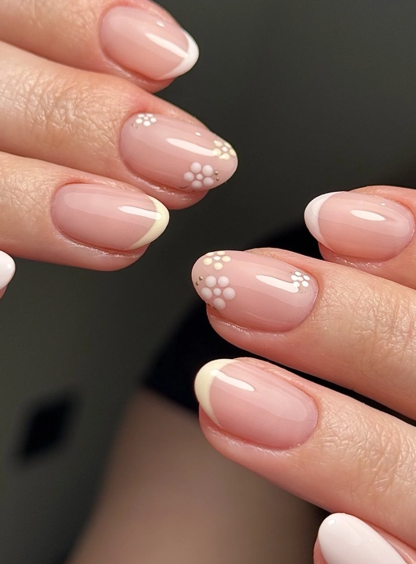 Classic French Manicure with Mini Floral Detail