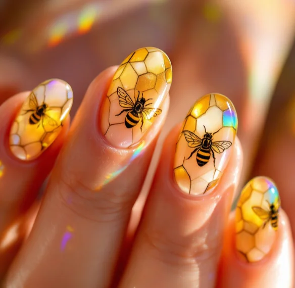 Classic Honeycomb and Black Bee Outline Nails