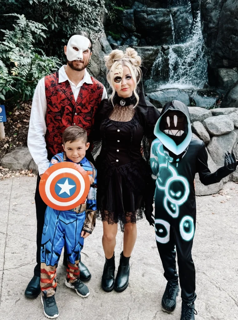 Classic Phantom Mask + Elegant Black Lace Dress + Captain America Costume + Spooky Glow-in-the-Dark Outfit