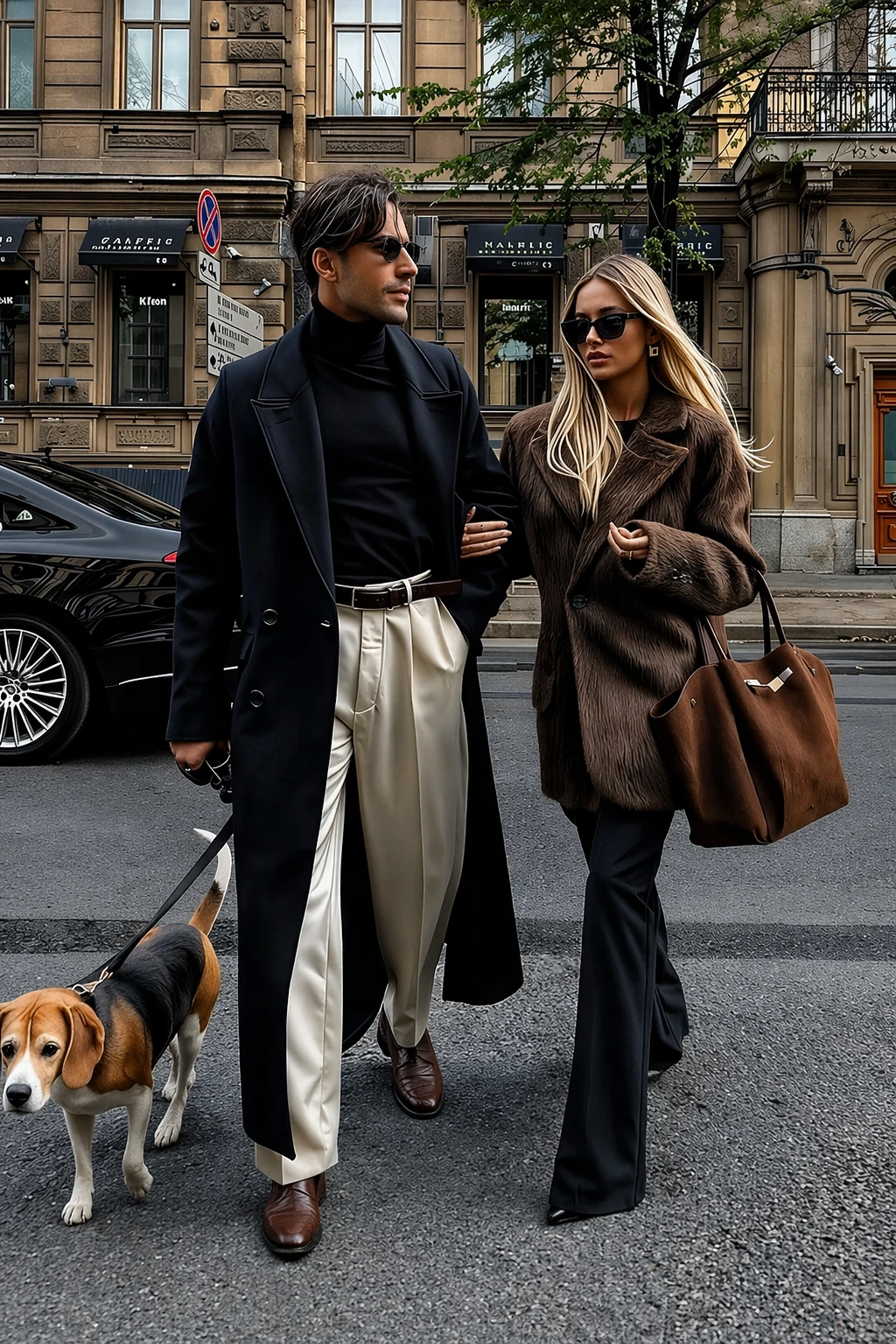 Classy Couple Aesthetic: Black Overcoat + Black Turtleneck + Cream Wide-Leg Trousers + Brown Loafers + Brown Faux Fur Jacket + Black Flared Pants
