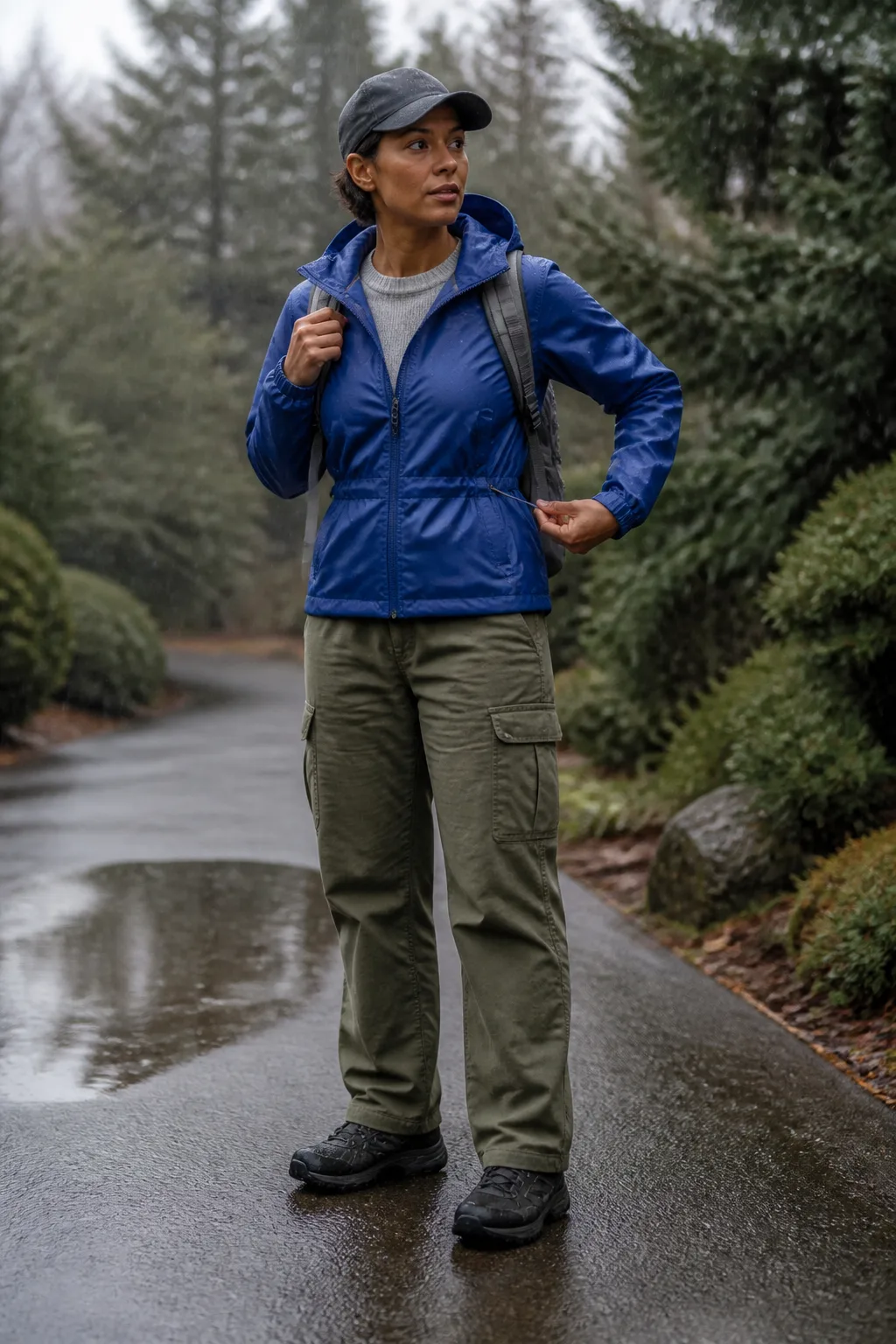 Cobalt Rain Jacket with Olive Cargo Pants