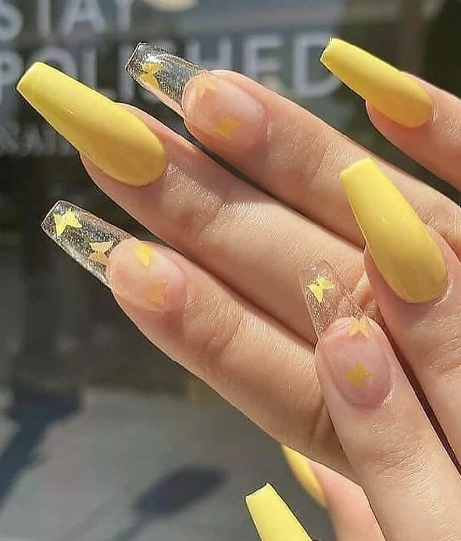 Coffin Baby Yellow Nails with Butterfly Accents