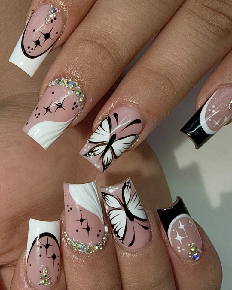 Coffin Nails with Butterfly Accent and Rhinestone Detail