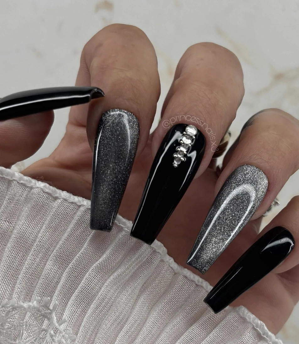 Coffin Shaped Dark Goth Nails with Rhinestone Accent