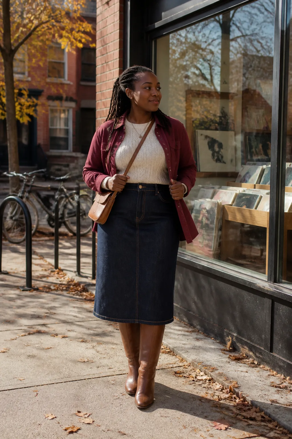 Cognac Riding Boots with a Denim Shirt and Skirt