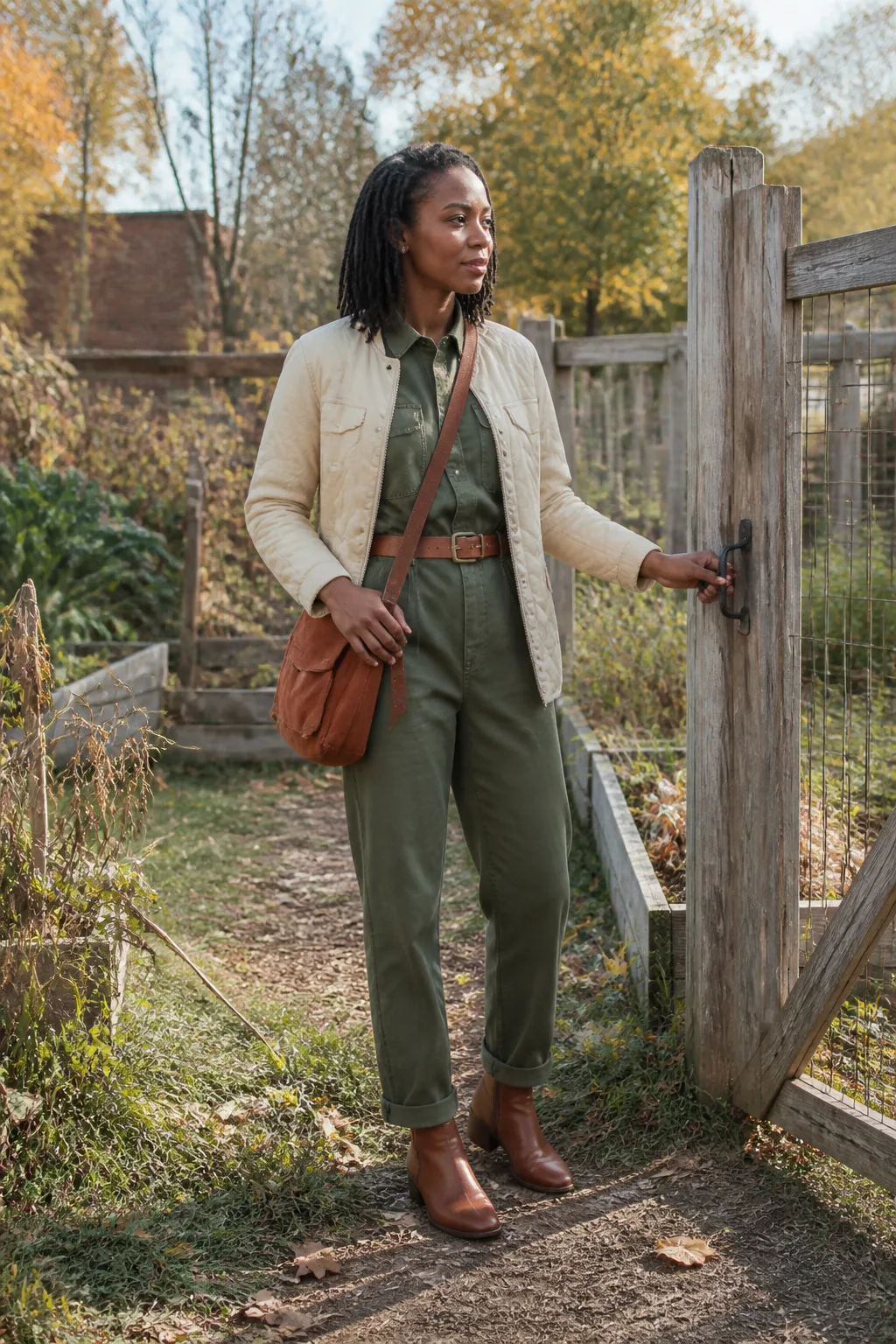 Cognac Western Boots with an Olive Utility Jumpsuit