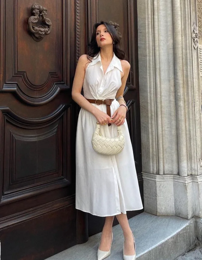 Collared Sleeveless Button-Down White Midi Dress with Brown Belt