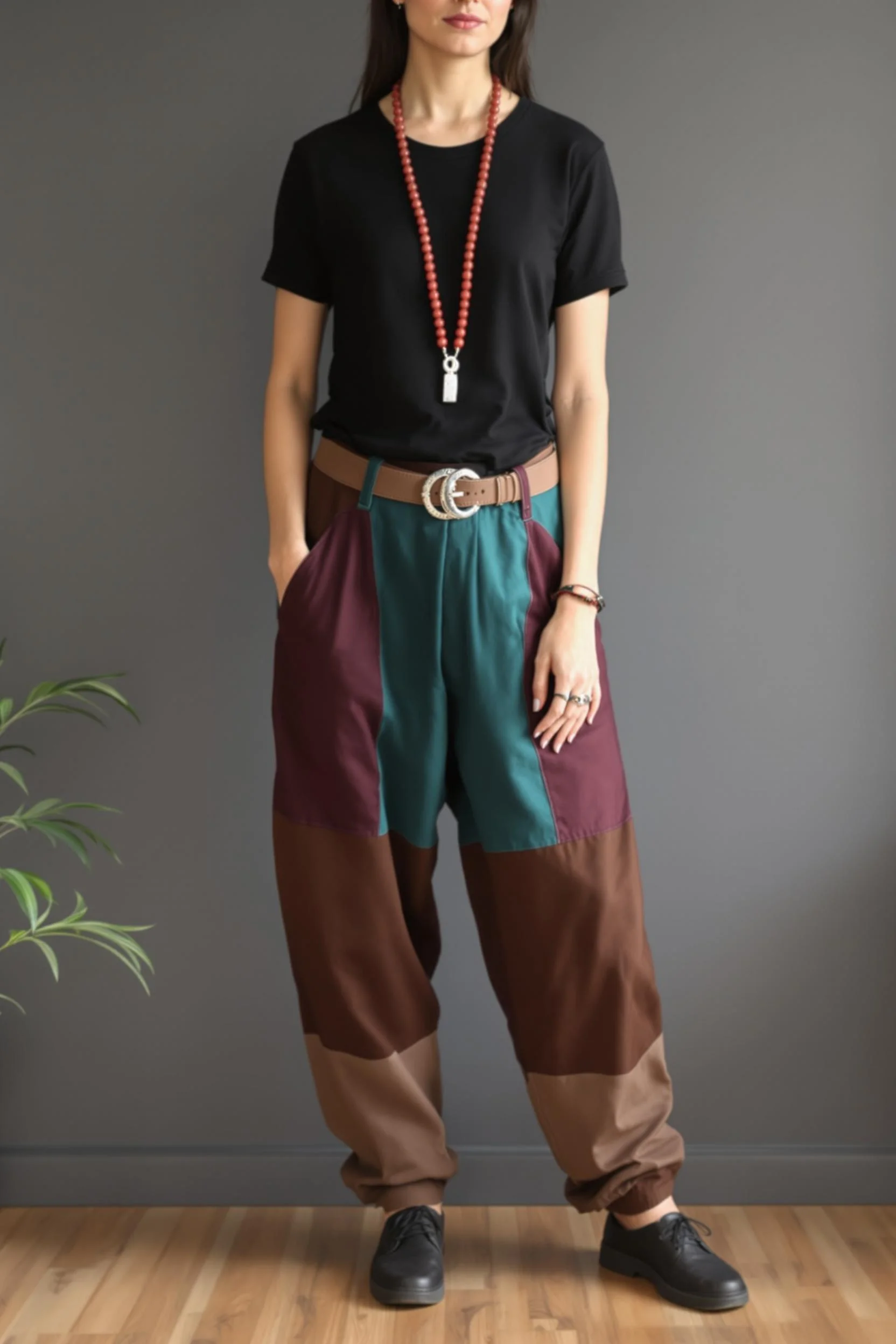 Color-Blocked Wide-Leg Pants + Black Tee