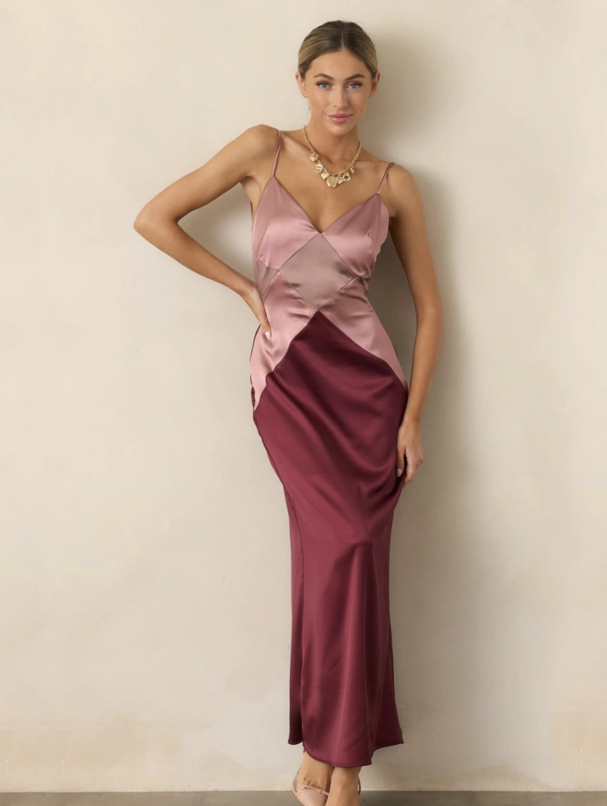 Color Blocking Satin Dresses + Stylish Nude Heels