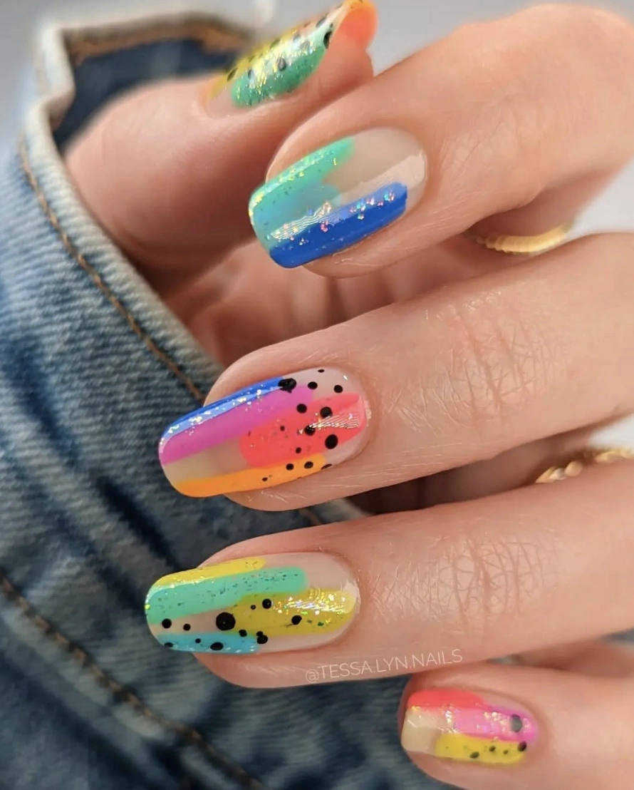 Colorful Brushstroke Nails with Black Dot Accents