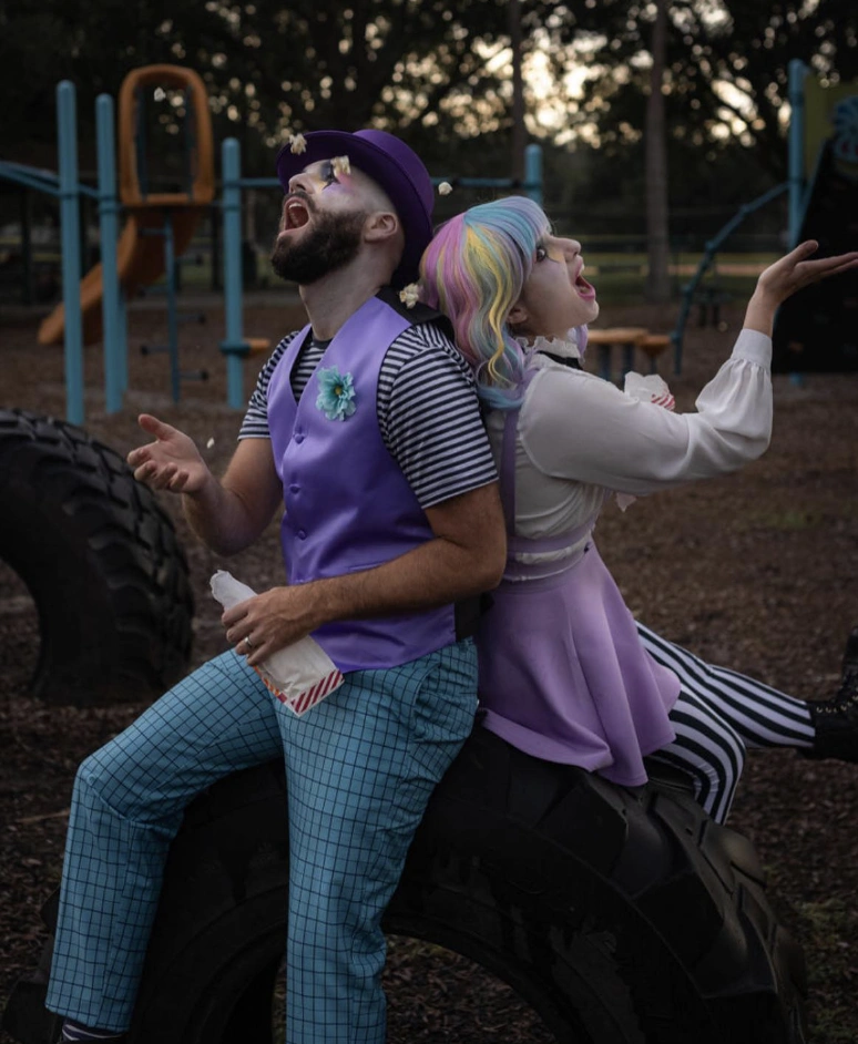 Colorful Clown Costume + Playful Striped Top + Whimsical Pastel Wig