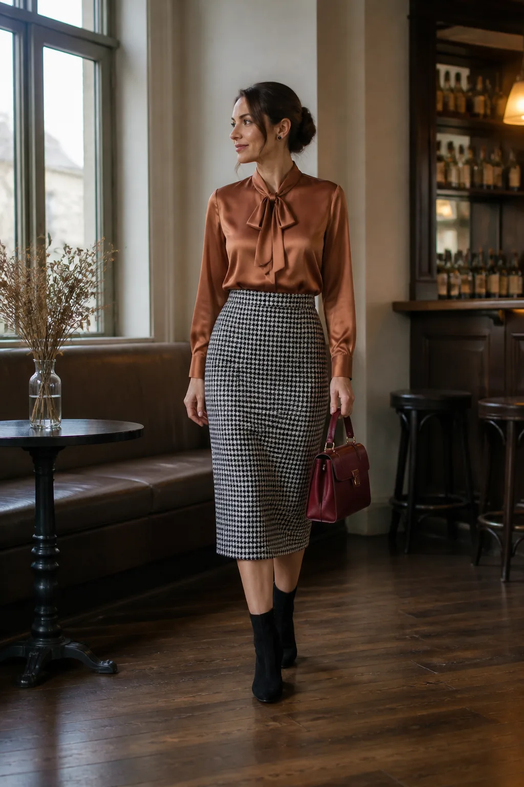 Copper Satin Blouse with Houndstooth Pencil Skirt