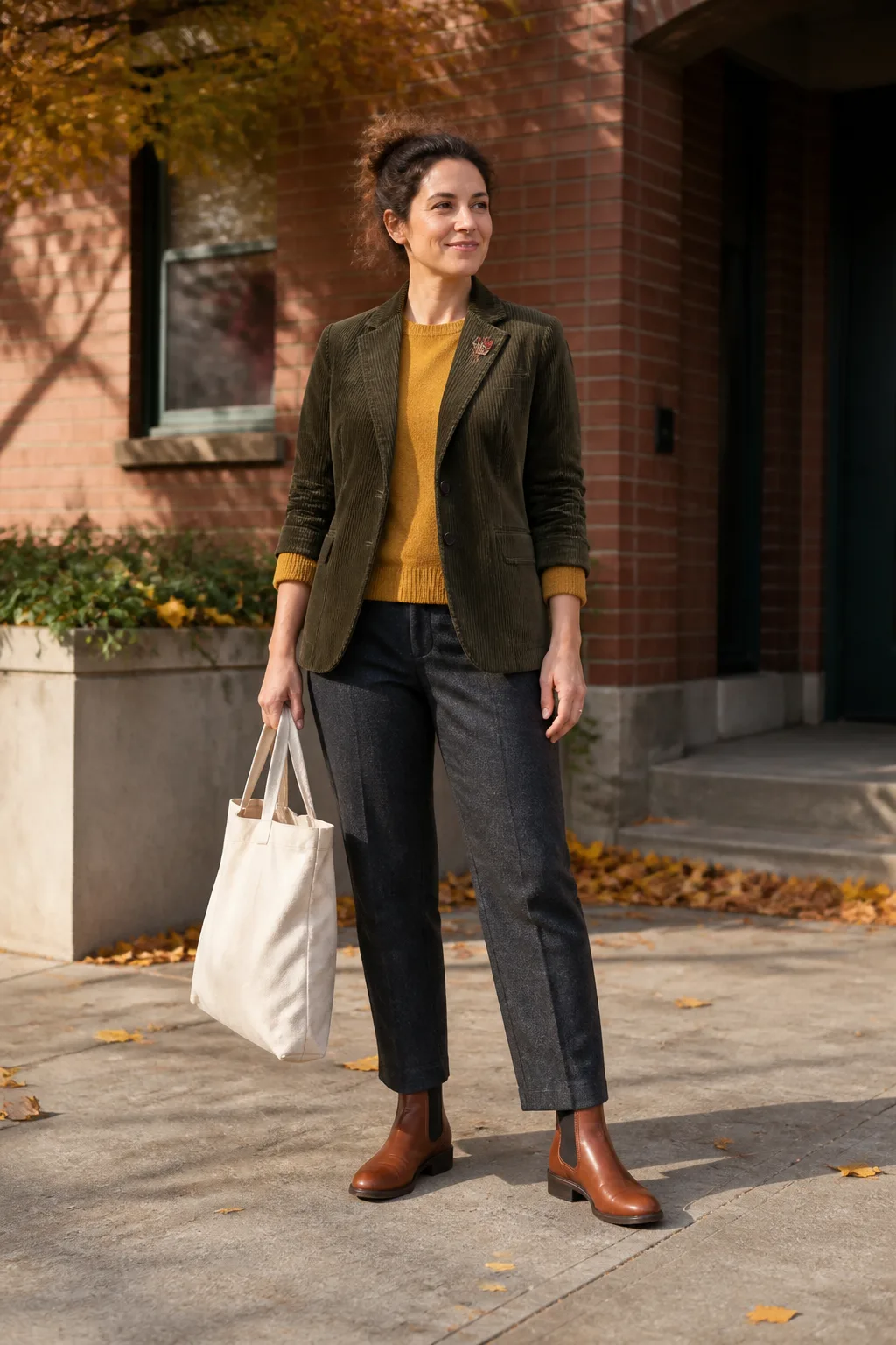Corduroy Blazer, Mustard Knit and Brown Chelsea Boots