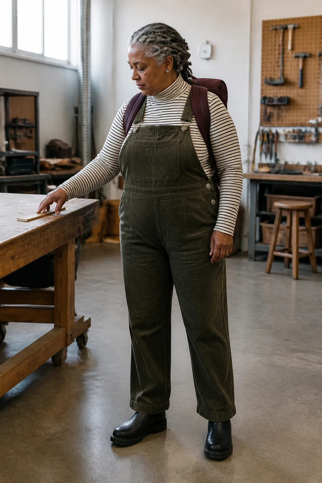 Corduroy Overalls with a Striped Turtleneck