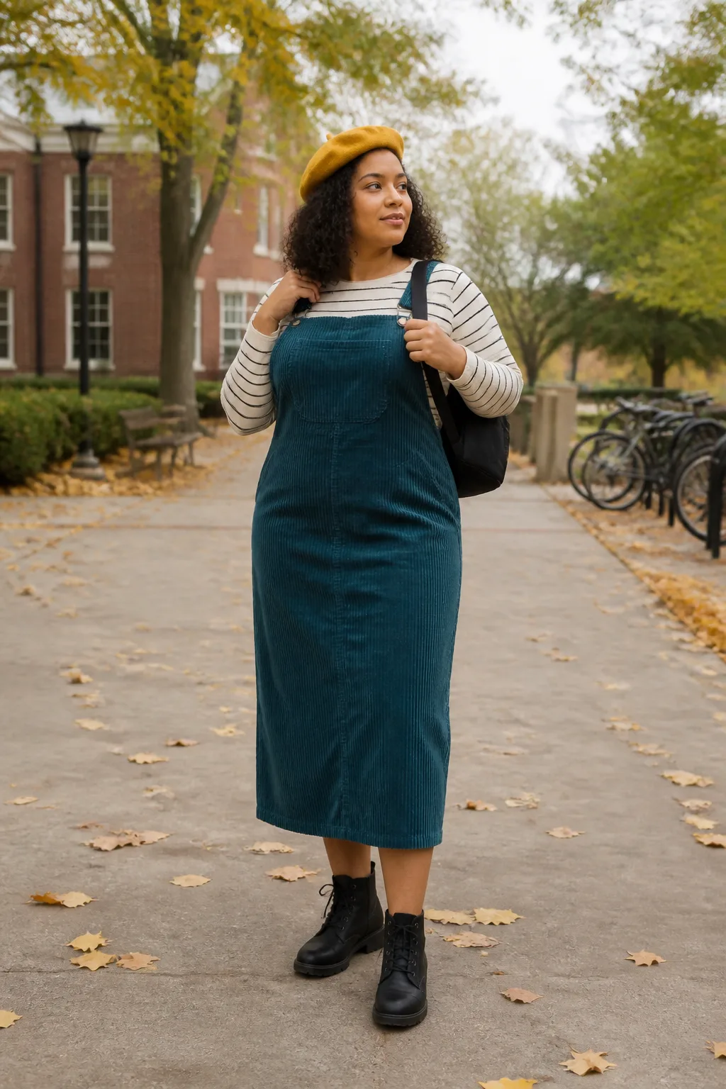 Corduroy Pinafore Dress with Striped Knit