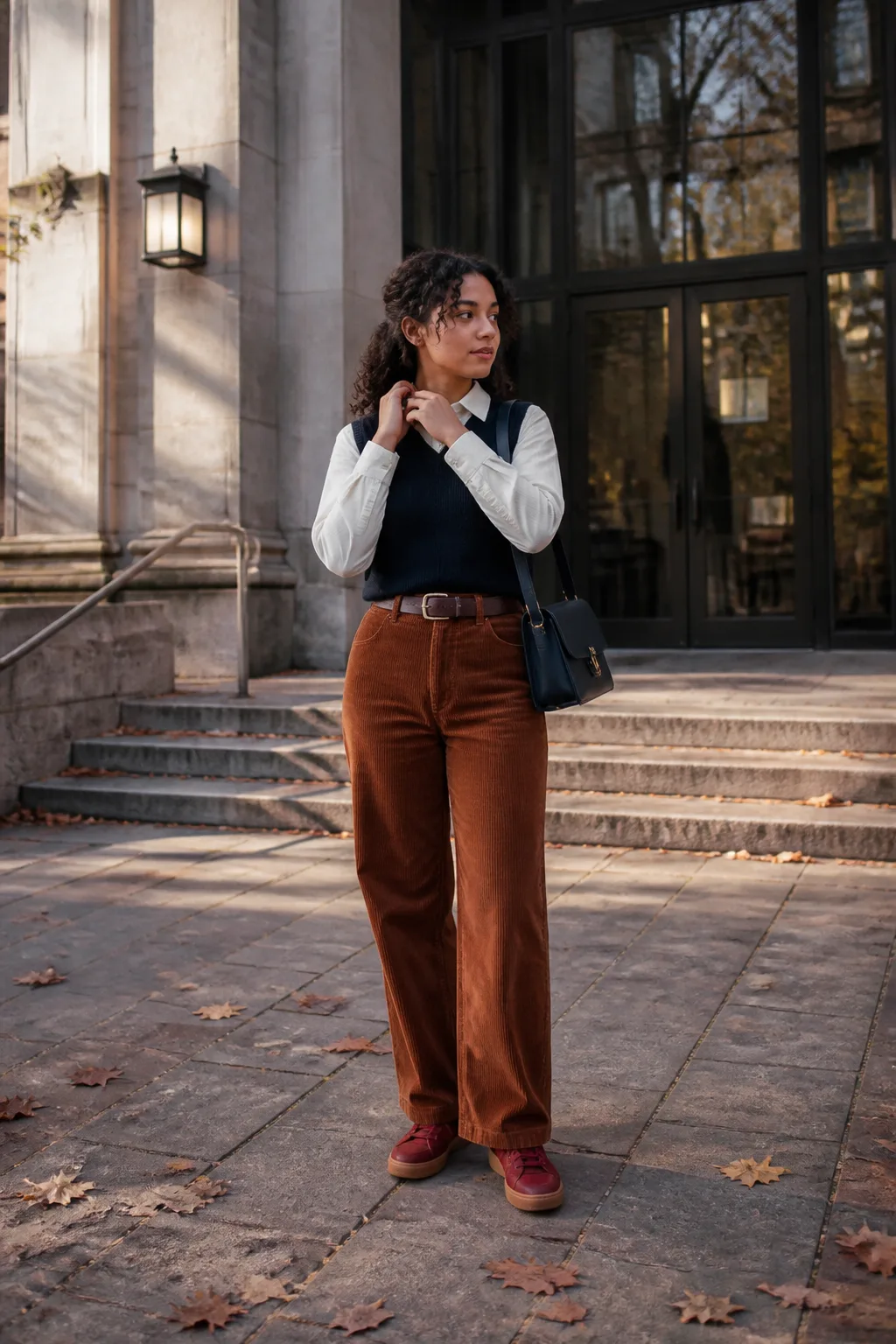 Corduroy Trousers, Ivory Shirt, and Red Sneakers