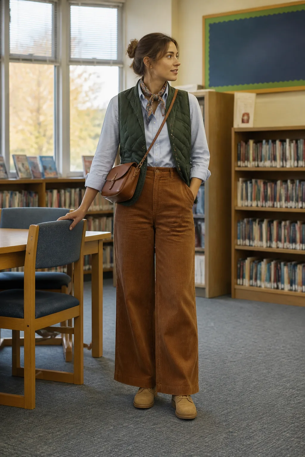 Corduroy Trousers, Oxford Shirt, and Quilted Vest
