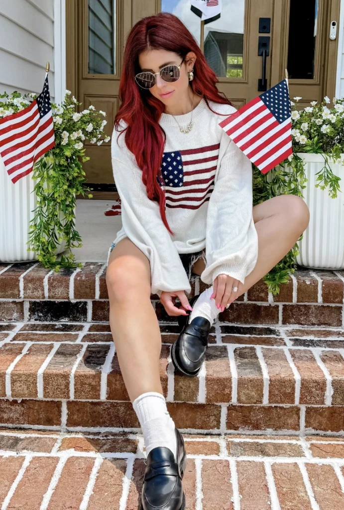 Cozy American Flag Sweater + Denim Shorts + Chunky Black Loafers + White Socks