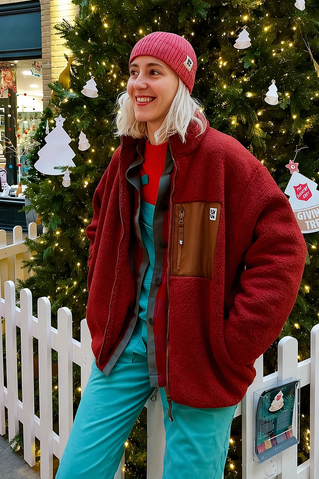 Cozy Red Fleece Jacket + Stylish Green Overall + Knit Beanie